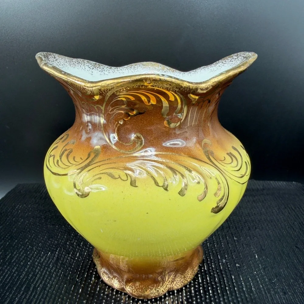 Vintage Verona VPCO Porcelain Vase Yellow Brown‎ Ombre Gold Gilt Filigree Vessel